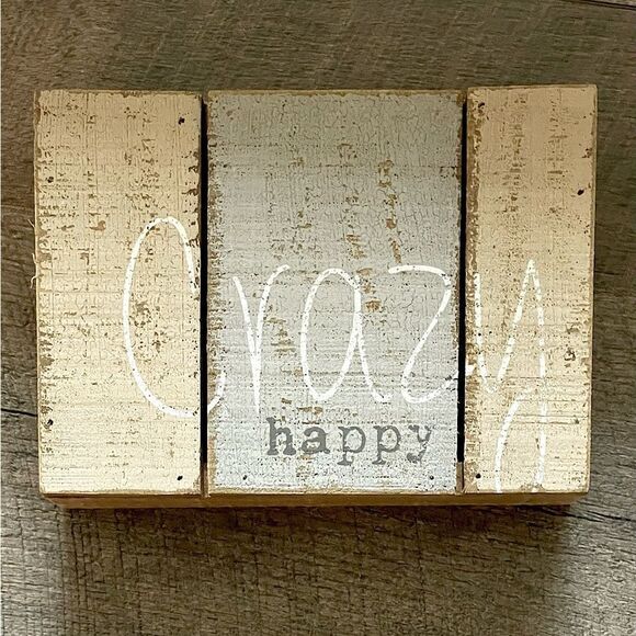 New! “Crazy Happy” Light-Brown Wooden Home Decor/Sign. 7 in. x 8.5 in. - Picture 2 of 5